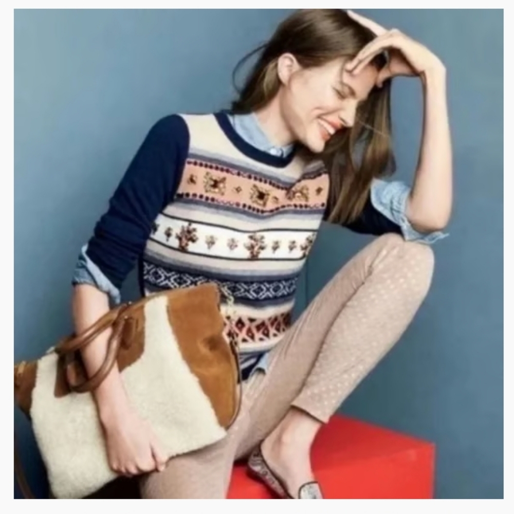 J CREW Womens Sz M 100% Wool Jeweled Navy/Multi Fair Isle Stripe Sweater Preppy